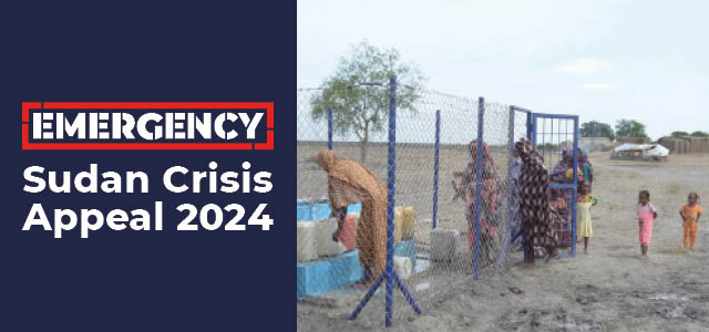 An image of Sudanese refugees with the words 'Emergency Sudan Crisis Appeal 2024'