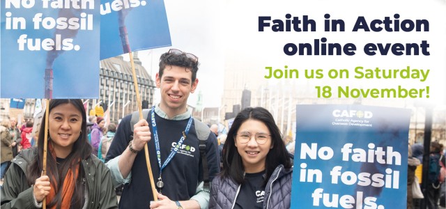 CAFOD staff holding up signs saying 'No faith in fossil fuels'