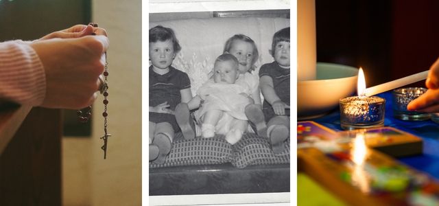 Collage of hands praying, Maggie as a child and lighting a candle