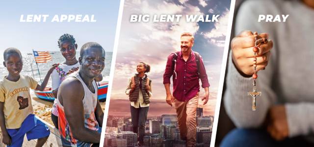 A three-part image showing 1) James, a Liberian fisherman / 2) people walking / 3) someone praying