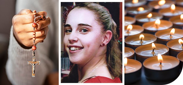 Collage with rosary beads, David's sister Gilly and lit candles