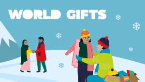 An illustration of gifts in the snow