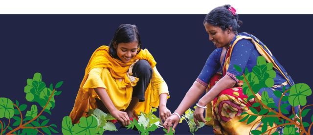 Banner image of Dristy tending to her crops with her mother Rupali